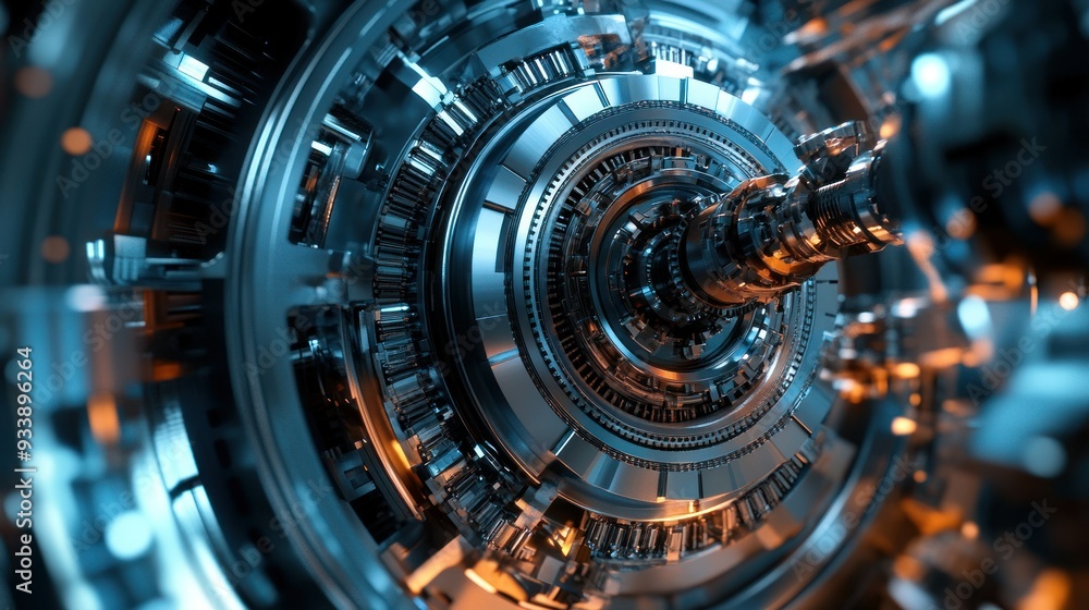 Close-up of a complex, intricate industrial machine with metallic gears and shafts. Close-up of a complex, intricate industrial machine with metallic gears and shafts.