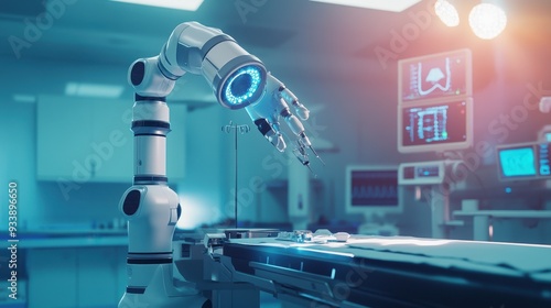 Modern AI-enabled health robot carrying out a procedure in a future-ready operating room in exactness and tech in medicine