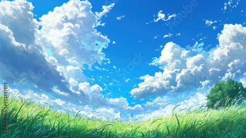 Fototapeta Naklejka Na Ścianę i Meble -  Wide anime background of grassy fields beneath a blue summer sky, where fluffy white clouds drift lazily, creating a tranquil scene.