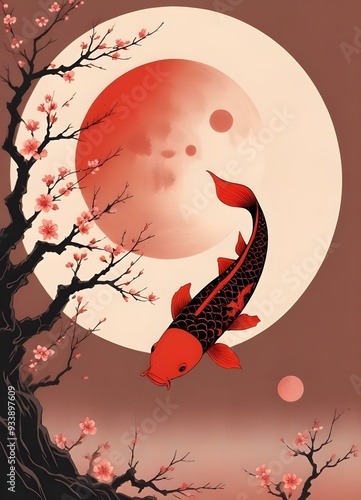 A Japanese-style illustration featuring a koi fish swimming against, moon backdrop, with Japanese text. The background has a minimalist, abstract style with blossoming tree branches photo