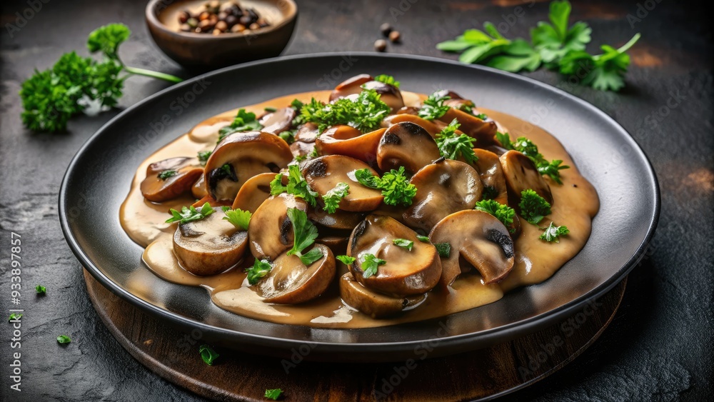 Dark, rich mushroom sauce artfully arranged on a sleek black plate, garnished with fresh parsley, invitingly lit to evoke a sense of sophistication and indulgence. Dark, rich mushroom sauce artfully arranged on a sleek black plate, garnished with fresh parsley, invitingly lit to evoke a sense of sophistication and indulgence.