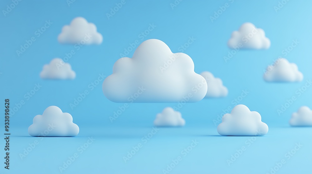 Minimalistic 3D rendering of fluffy white clouds on a blue background, suitable for creative design and technology themes. Minimalistic 3D rendering of fluffy white clouds on a blue background, suitable for creative design and technology themes.