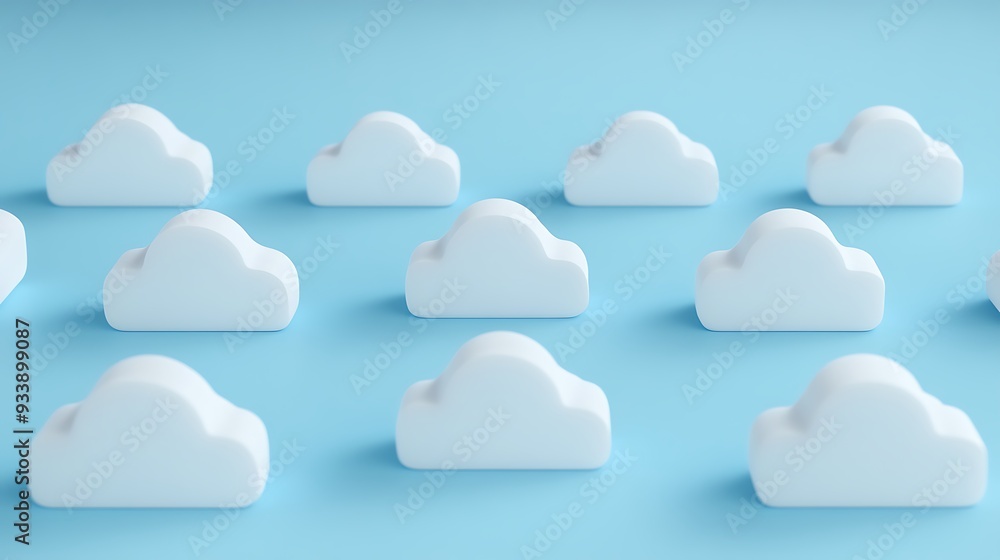 White cloud icons arranged on a blue background, representing cloud computing and data storage technology in a minimalist style. White cloud icons arranged on a blue background, representing cloud computing and data storage technology in a minimalist style.