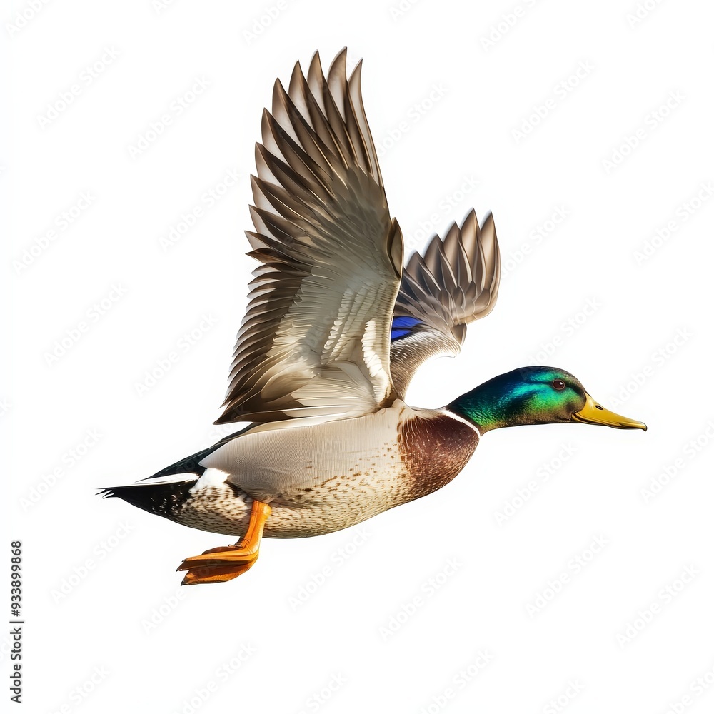 A duck is flying in the air with its wings spread out A duck is flying in the air with its wings spread out