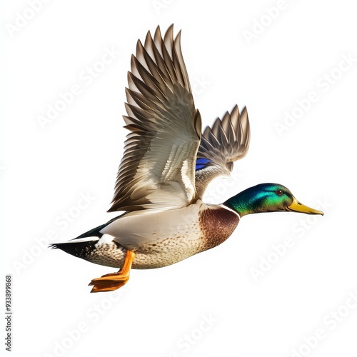 A duck is flying in the air with its wings spread out