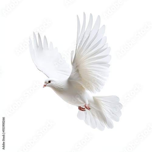 A white bird with its wings spread out is flying in the air