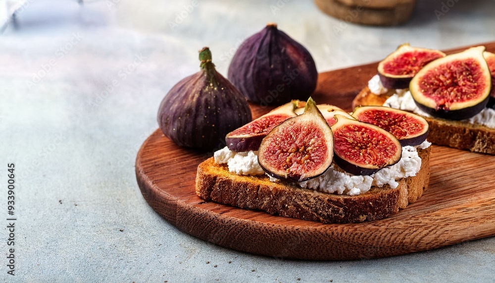 Rye bread toast with figs and ricotta cheese on a wooden board. Food recipe background. Close up. Rye bread toast with figs and ricotta cheese on a wooden board. Food recipe background. Close up.