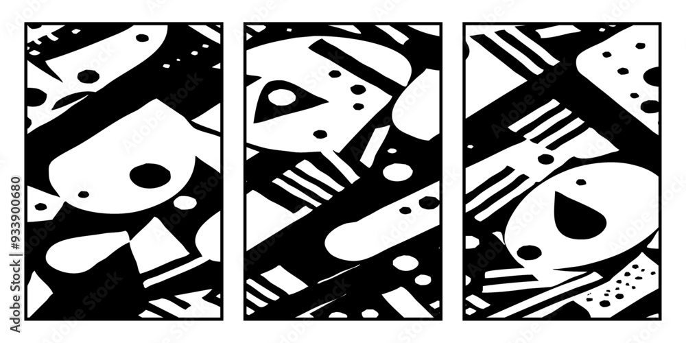 Fototapeta premium Set of 3 Abstract black and white pattern. For use in graphics. Minimalist illustration for printing on wall decorations