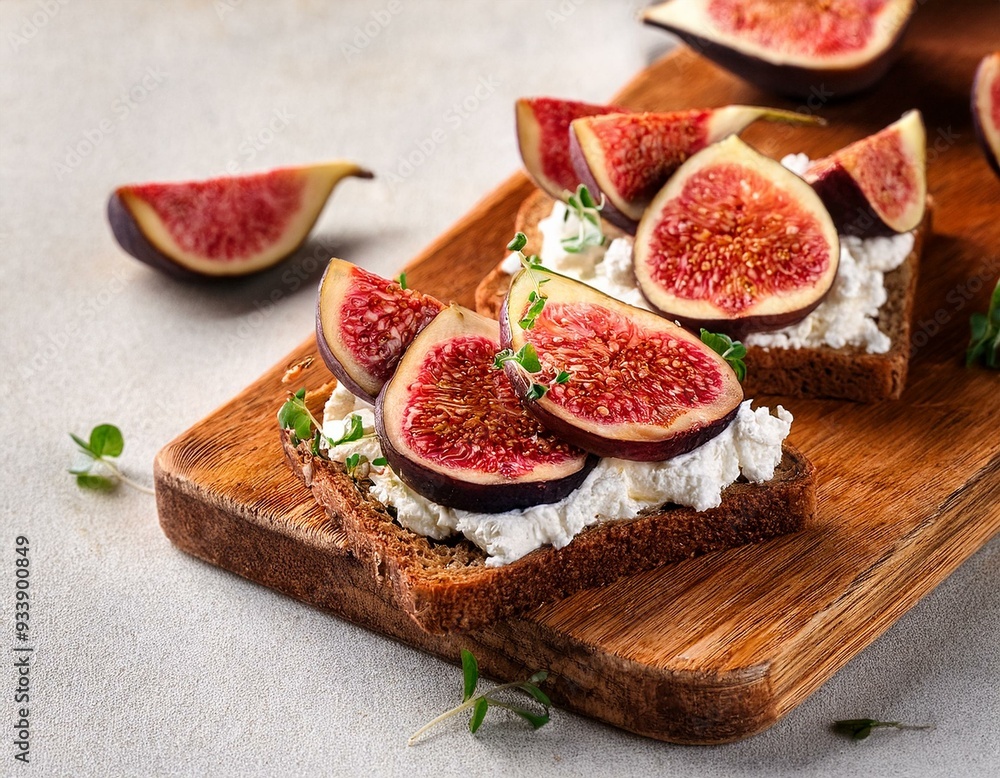 Rye bread toast with figs and ricotta cheese on a wooden board. Food recipe background. Close up. Rye bread toast with figs and ricotta cheese on a wooden board. Food recipe background. Close up.