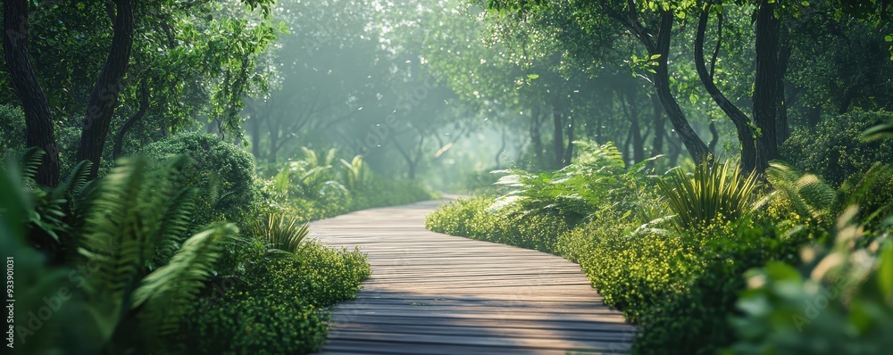 Serene wooden pathway through lush forest with dappled sunlight and ...