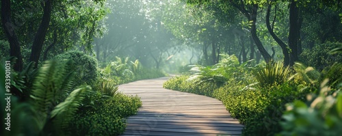 Serene wooden pathway through lush forest with dappled sunlight and abundant greenery, creating a tranquil and inviting natural scene. photo