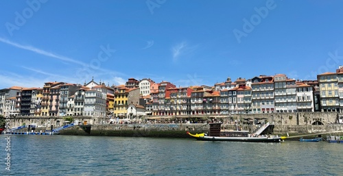 Beautiful view of colorful historical buildings at waterfront along Douro River in Porto, Portugal