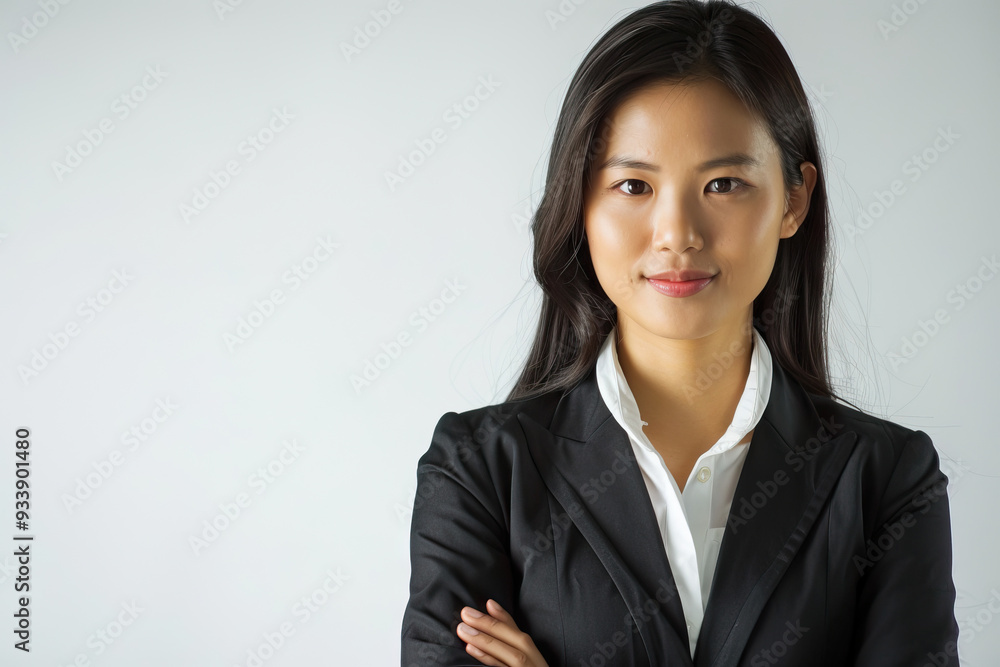 Woman in a black blazer smiling against a white wall. Portrait showcasing a business look with a focus on her face and elegant outfit isolated on white background Woman in a black blazer smiling against a white wall. Portrait showcasing a business look with a focus on her face and elegant outfit isolated on white background