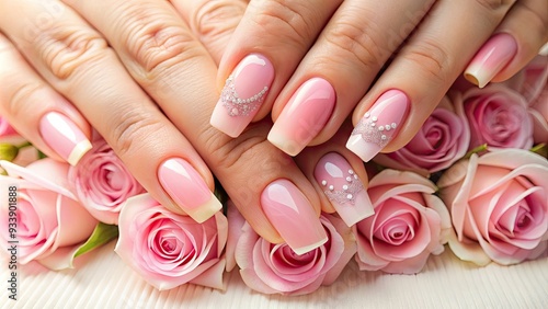 Delicate fingers showcase a romantic pink ombre nail design, perfect for Valentine's Day or a classic bridal look, amidst a serene nail salon atmosphere. photo