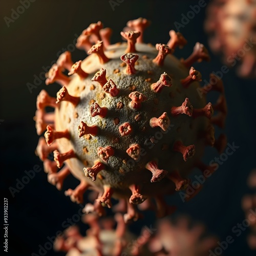 Detailed view of a Coronavirus cell under dramatic lighting for medical research or pandemic awareness campaigns, emphasizing severity