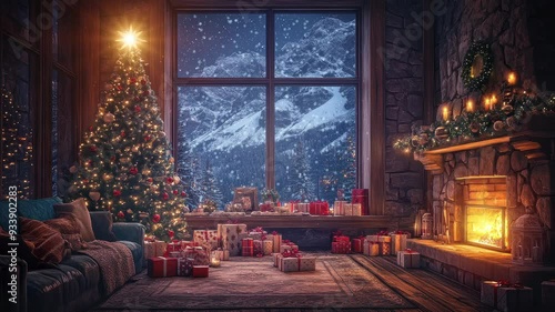 Warm Xmas holiday scene in a cozy cabin with a decorated Christmas tree, gifts, fireplace, and snow-covered mountain view