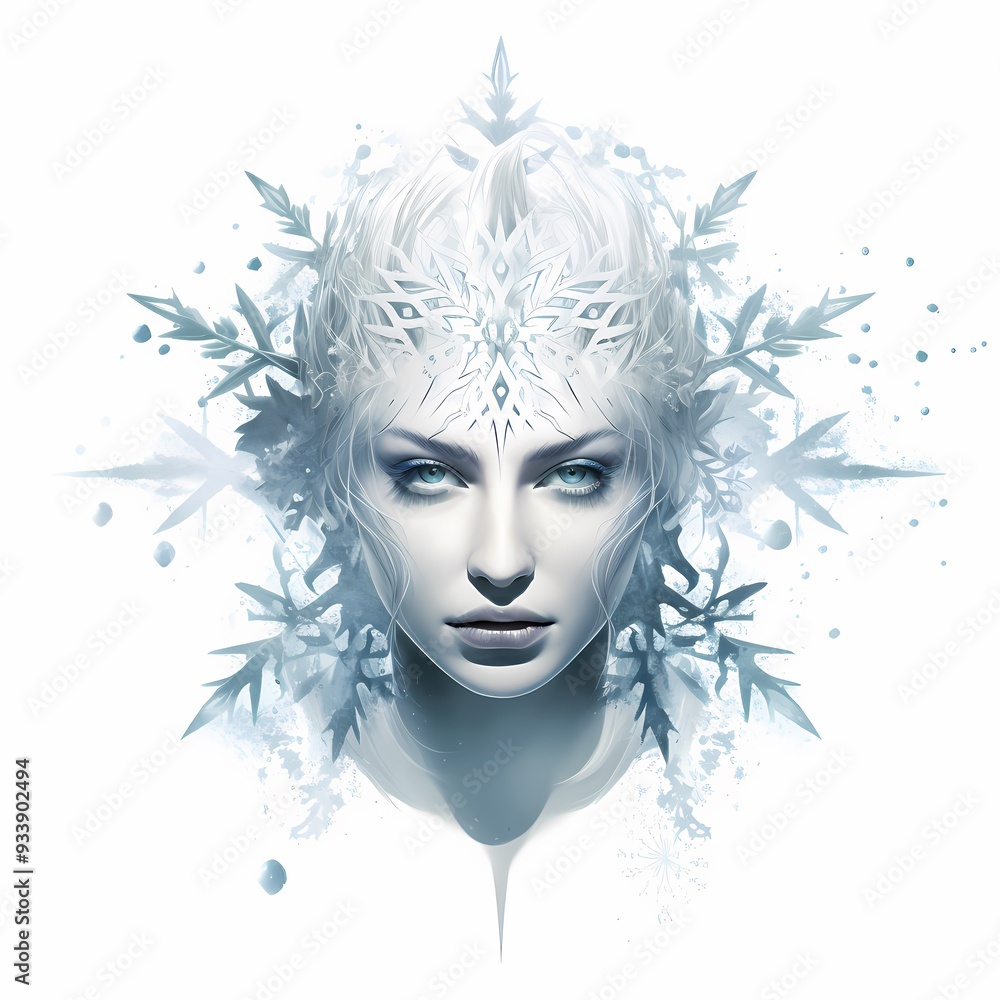 An ethereal ice queen portrait featuring intricate snowflake details conveys winter's serene beauty. An ethereal ice queen portrait featuring intricate snowflake details conveys winter's serene beauty.