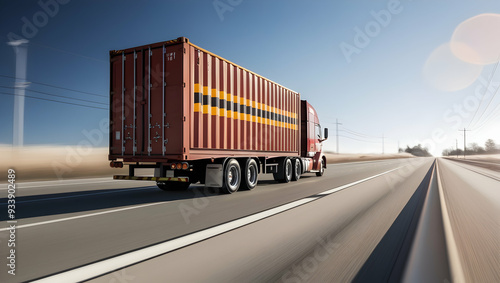 a container truck is driving fast on the highway