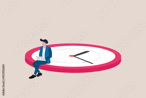 Businessman sitting on clocks, organizing time, planning tasks and scheduling. Concept of effective self organization and management control