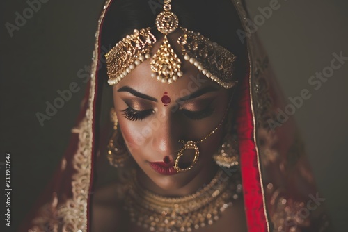 The beautiful Indian bride is wearing gold diamond ornaments and jewellery. Jewellers. commercial photo, glamorous portrait