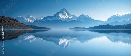 Stunning mountain landscape with serene lake reflection under a clear blue sky, showcasing nature's tranquility and beauty.