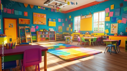 Colorful Kindergarten Classroom with Furniture and Decorations