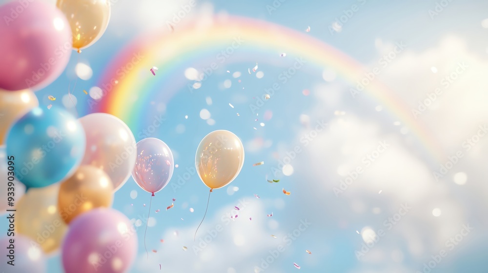 Fototapeta premium Colorful balloons float against a bright sky with a vibrant rainbow, creating a joyful and festive atmosphere.