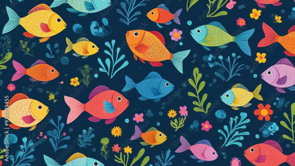 Seamless cartoon fish and flowers pattern with bright colors for children Seamless cartoon fish and flowers pattern with bright colors for children