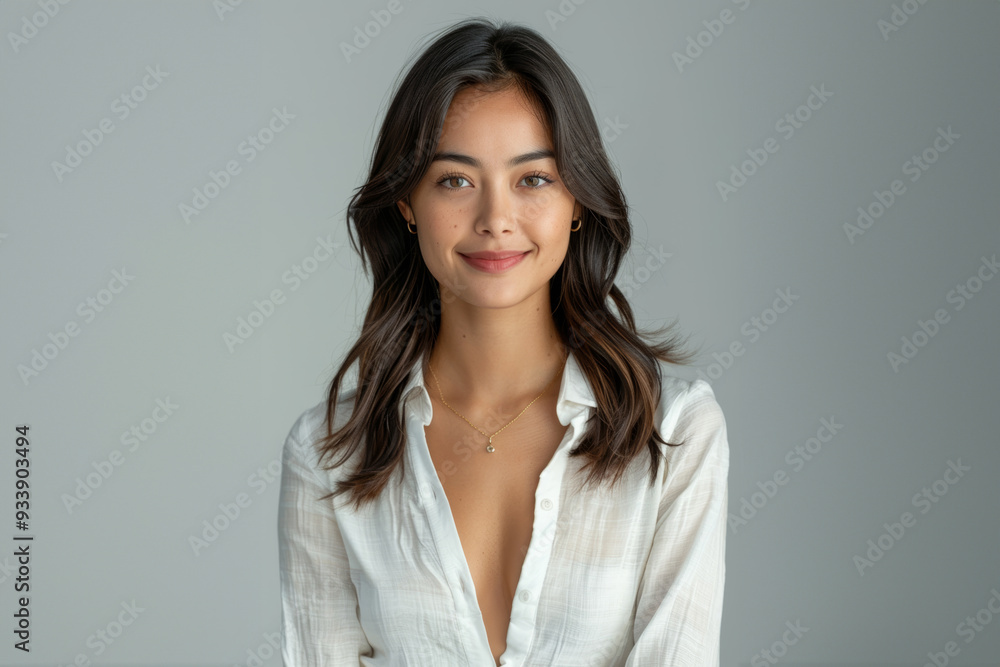 A charming Asian woman dressed in elegant white office attire, with a simple and clean design, stands confidently with a professional hairstyle and subtle makeup against a neutral background. A charming Asian woman dressed in elegant white office attire, with a simple and clean design, stands confidently with a professional hairstyle and subtle makeup against a neutral background.