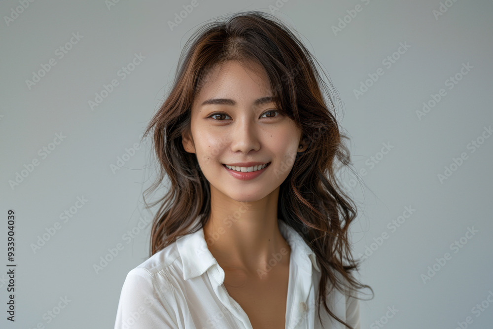 A charming Asian woman dressed in elegant white office attire, with a simple and clean design, stands confidently with a professional hairstyle and subtle makeup against a neutral background. A charming Asian woman dressed in elegant white office attire, with a simple and clean design, stands confidently with a professional hairstyle and subtle makeup against a neutral background.