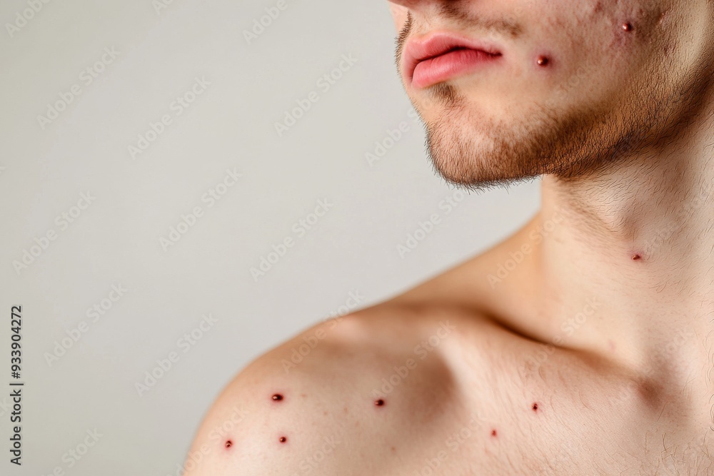 Naklejka premium Man's Torso with Painful Monkeypox Sores Close-Up with Copy Space