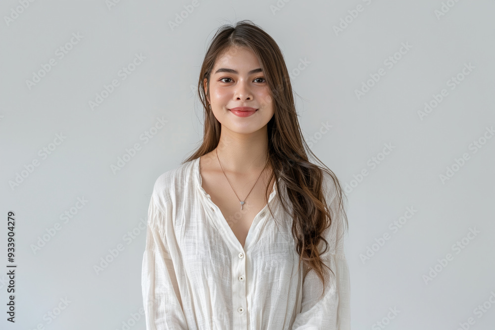 A charming Asian woman dressed in elegant white office attire, with a simple and clean design, stands confidently with a professional hairstyle and subtle makeup against a neutral background. A charming Asian woman dressed in elegant white office attire, with a simple and clean design, stands confidently with a professional hairstyle and subtle makeup against a neutral background.