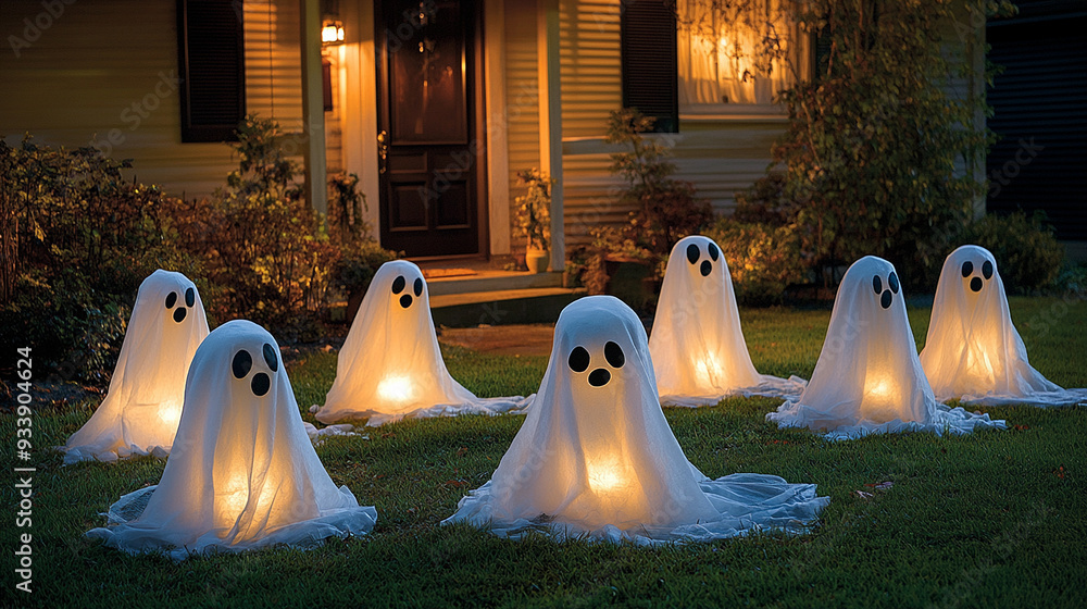 A group of glowing ghost decorations made from white sheets are arranged on a lawn in front of a house, creating a spooky Halloween scene at night.