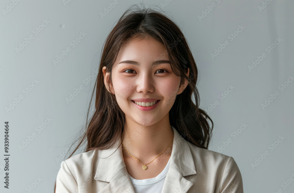 A charming Asian woman dressed in elegant white office attire, with a simple and clean design, stands confidently with a professional hairstyle and subtle makeup against a neutral background. A charming Asian woman dressed in elegant white office attire, with a simple and clean design, stands confidently with a professional hairstyle and subtle makeup against a neutral background.