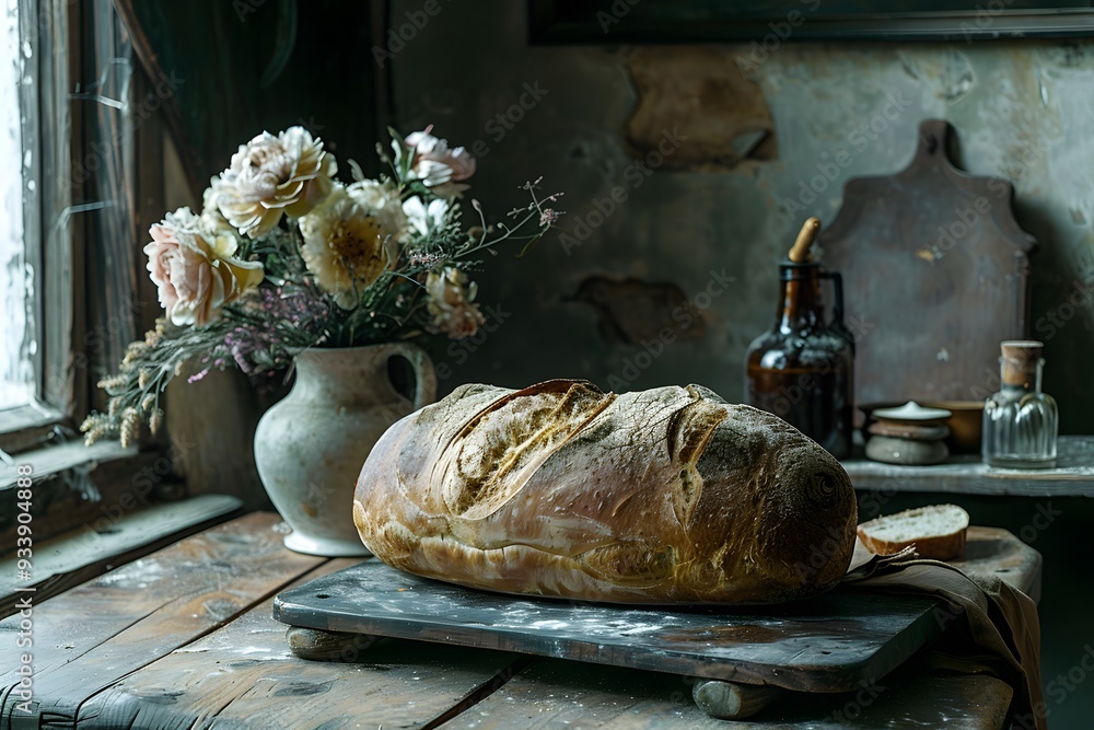 Rustic Still Life with Freshly Baked Bread and Vintage Decor Rustic Still Life with Freshly Baked Bread and Vintage Decor