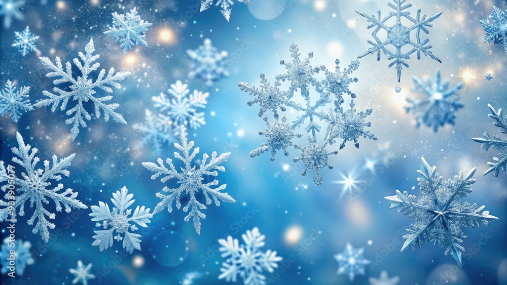 Delicate, intricate snowflakes gently fall against a soft, serene blue winter sky, creating a peaceful and calming atmosphere, evoking feelings of wonder and magic. Delicate, intricate snowflakes gently fall against a soft, serene blue winter sky, creating a peaceful and calming atmosphere, evoking feelings of wonder and magic.