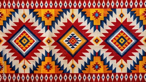 Vibrant Native American-inspired textile featuring traditional Navajo geometric patterns and symbolic motifs in bold red, blue, and yellow hues on a white background. photo