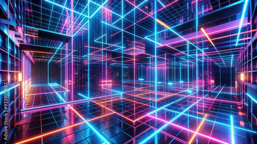 Vibrant neon lights illuminate a futuristic 3D grid, pulsing with dynamic motion graphics, perfect for innovative title sequences and cutting-edge digital presentations. Vibrant neon lights illuminate a futuristic 3D grid, pulsing with dynamic motion graphics, perfect for innovative title sequences and cutting-edge digital presentations.