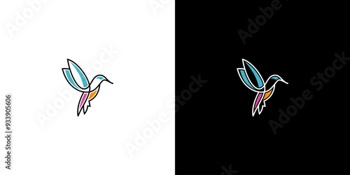 vector line art of abstract colorful hummingbird, colibri wall art design, minimal bird line logo icon illustration isolated on white background