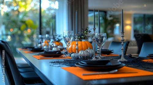 Chic Halloween Dining Area: Capture a dining area set for a Halloween party in a modern home, with a minimalist black table, orange runner, and elegant black chairs. Silver candelabras and small, tast