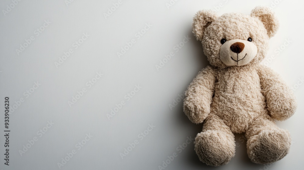 Teddy bear sitting alone with a blue background