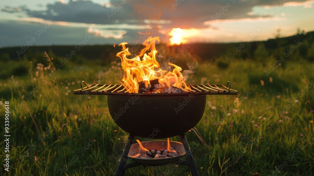 A barbecue grill with flames in a green field A barbecue grill with flames in a green field