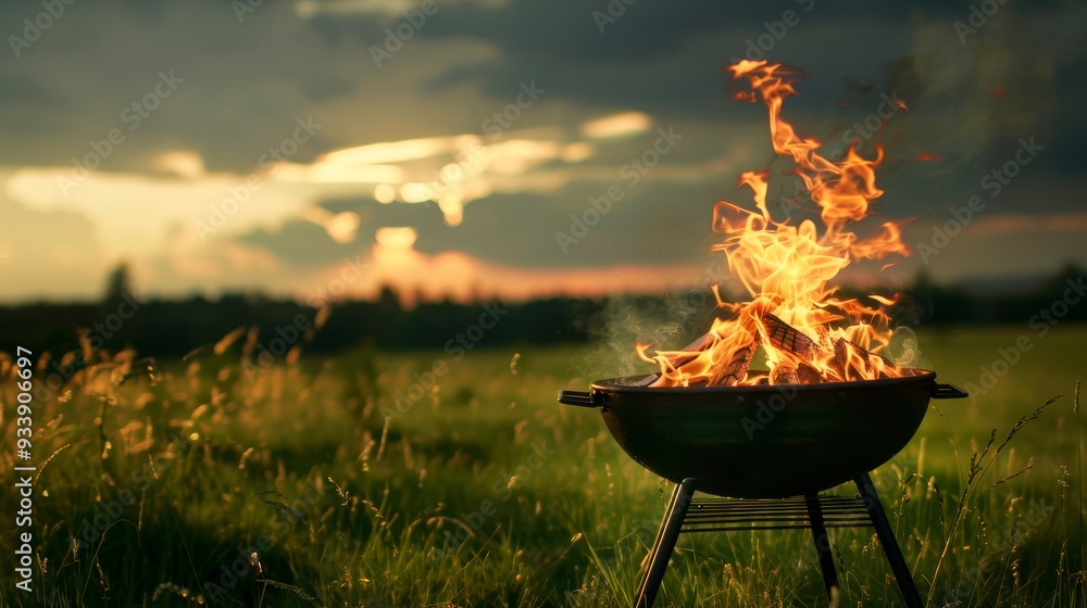A barbecue grill with flames in a green field A barbecue grill with flames in a green field