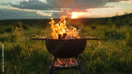 A barbecue grill with flames in a green field