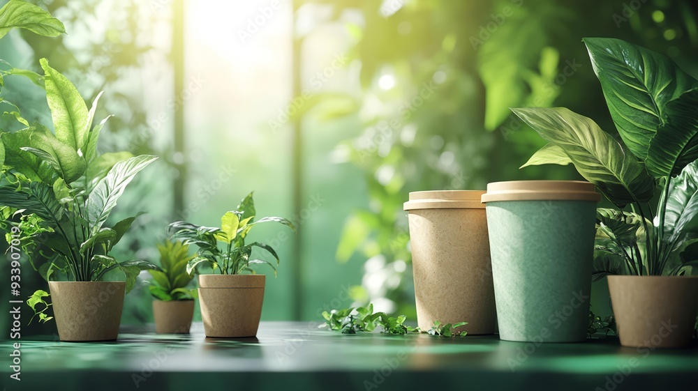 Potted plants and coffee cups in a bright greenhouse Potted plants and coffee cups in a bright greenhouse