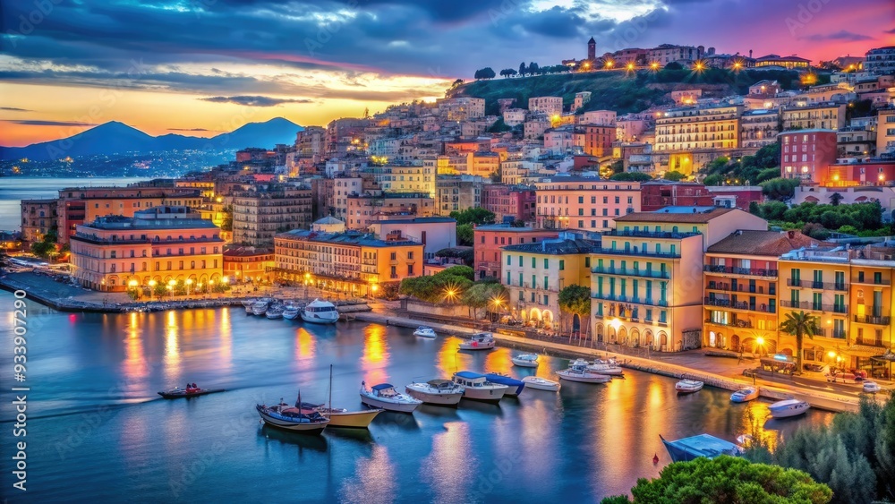 Naklejka premium Vibrant night scene in Naples, Italy, with colorful buildings, bustling streets, and twinkling lights reflecting off the calm waters of the Bay of Naples.