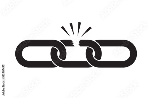 Broken Chain vector, icon, Weaknesses icon, vector.  Metal chain icon, vector, silhouette, Simple flat logo of chain on white background. Chain icon, silhouette. Vector illustration.