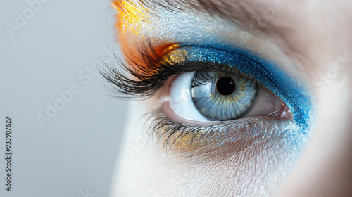 Wallpaper Mural Close-up of a blue eye with bright blue and orange eyeshadow, highlighting detailed and colorful makeup artistry. Ideal for themes of beauty, fashion, and creative expression. Torontodigital.ca