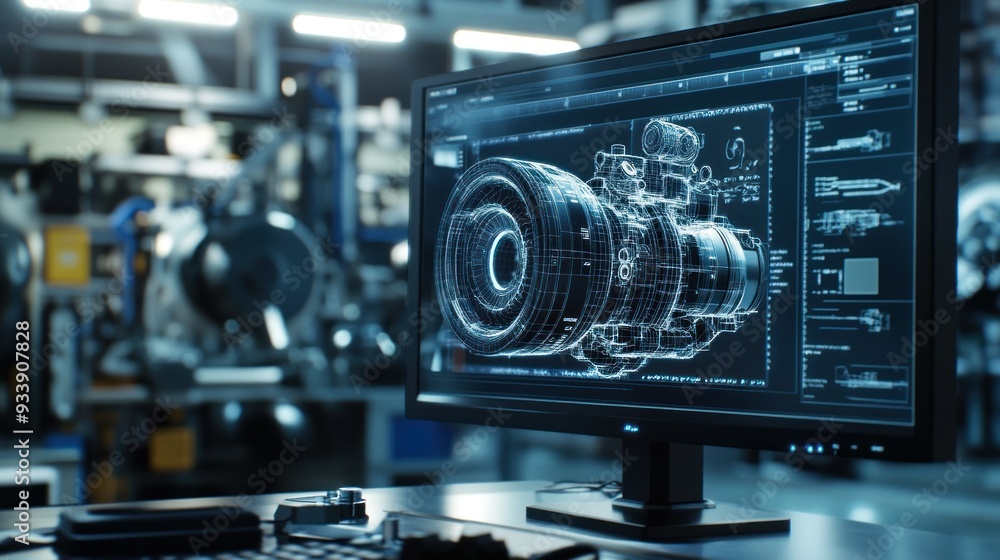 Computer Screen Displaying a 3D Wireframe Model of an Industrial Machine Part Computer Screen Displaying a 3D Wireframe Model of an Industrial Machine Part