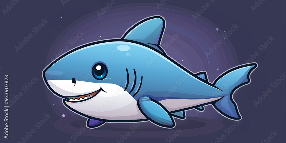 Obraz premium A cheerful baby shark smiles while exploring a vibrant underwater environment